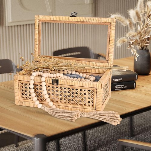 HUAXIN CRAFT Rattan Decorative Box Set - Rectangular Woven Design with Glass Lid for Stylish Display