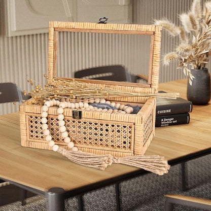 HUAXIN CRAFT Rattan Decorative Box Set - Rectangular Woven Design with Glass Lid for Stylish Display