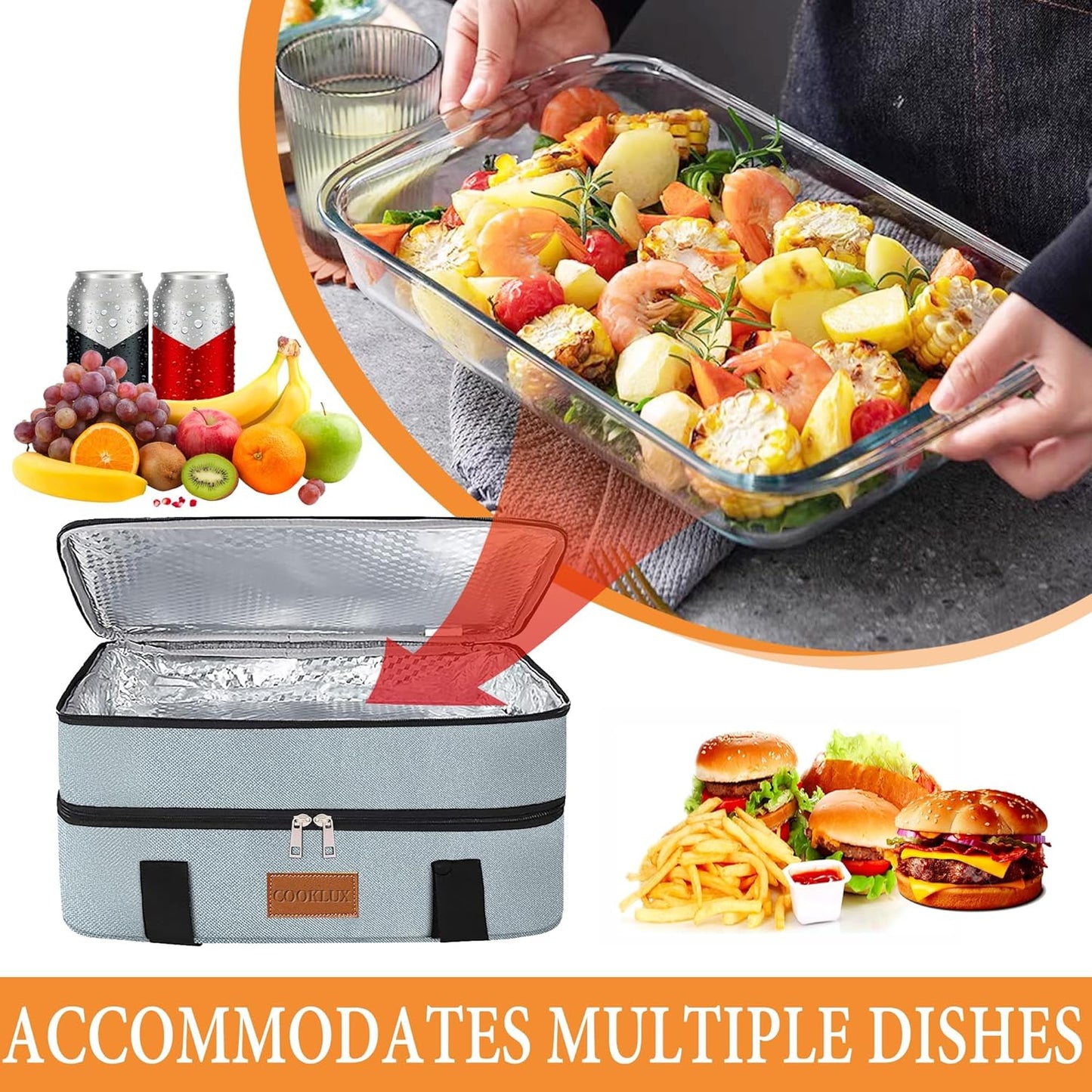 Skiennix Double Decker Insulated Casserole Carrier - Leak Proof Food Warmer Bag for Potlucks | Fits 9"x13" Baking Dish - Durable Grey Nylon