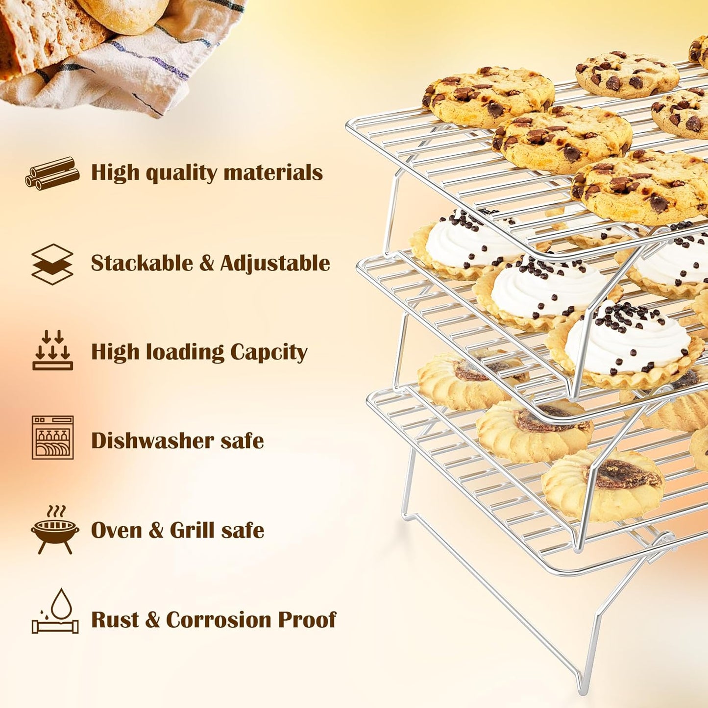 Skiennix 3-Tier Stackable Cooling Rack - Heavy Duty Baking Rack for Cookies, Pizza, Cakes | 15.8” x 10” - Dishwasher Safe