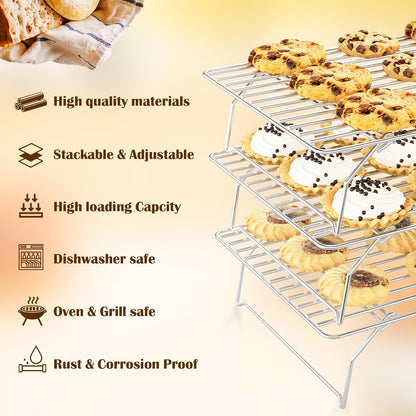 Skiennix 3-Tier Stackable Cooling Rack - Heavy Duty Baking Rack for Cookies, Pizza, Cakes | 15.8” x 10” - Dishwasher Safe