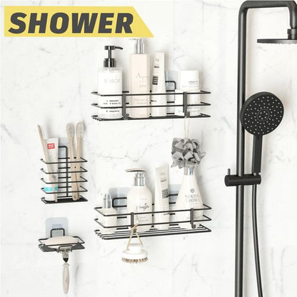 Dekula Adhesive Shower Caddy 4 Pack, Shower Shelves Organizer for Bathroom Storage, Rustproof Stainless Steel Bath Organizers, Kitchen, Adhesive or Screw, Soap Dish, Hooks, Wall Shelf