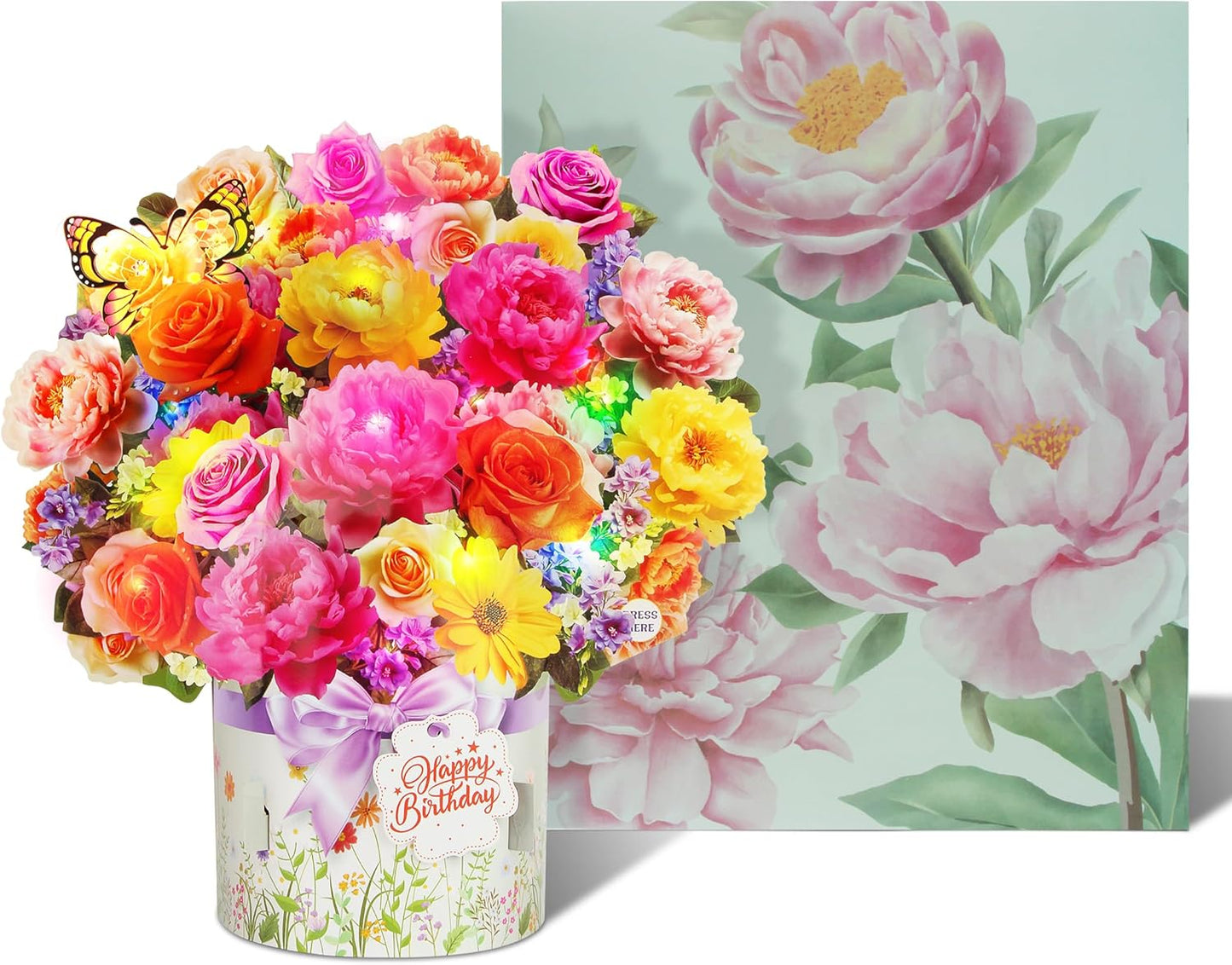 XTF2015 Birthday Cards - 3D Pop-Up Music & Lights | Peony & Butterfly Design, 13 Inch Forever Flower Bouquet