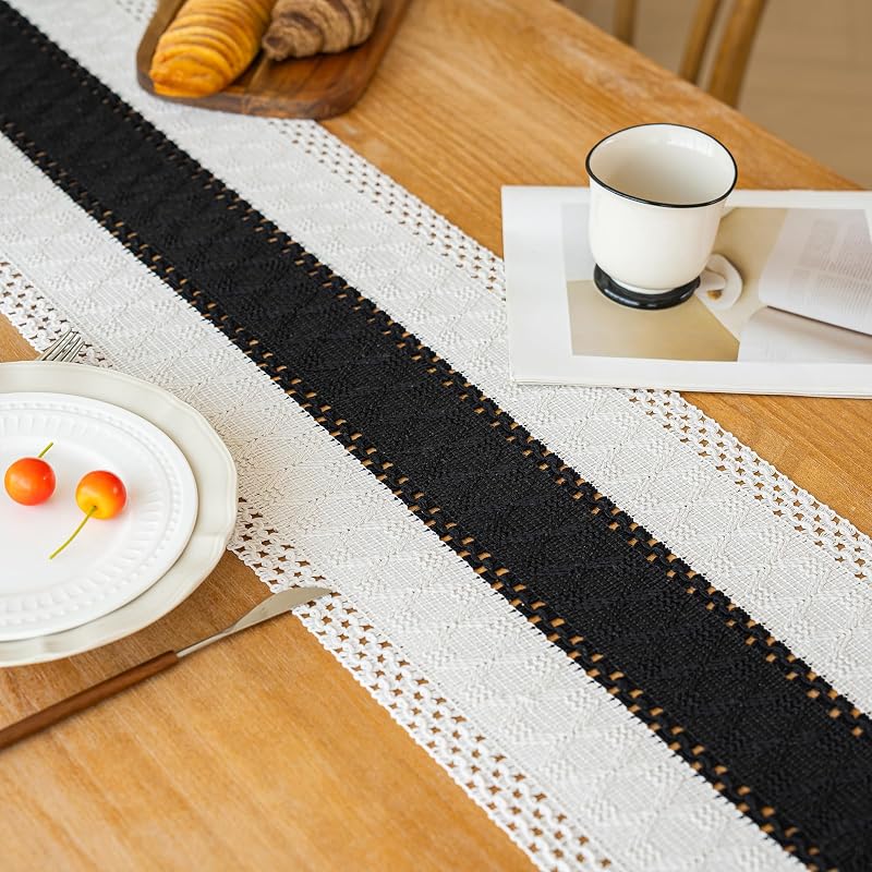 Shadow Black 12x90 In. Farmhouse Table Runner - Boho Bohemian Silk Polyester Cotton, 90" Long