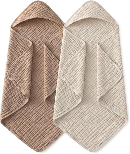 Yoofoss Hooded Baby Towels - 100% Muslin Organic Cotton Bath Towels for Newborns | 32x32 Inch, Soft & Absorbent, Beige & Coffee (2 Pack)