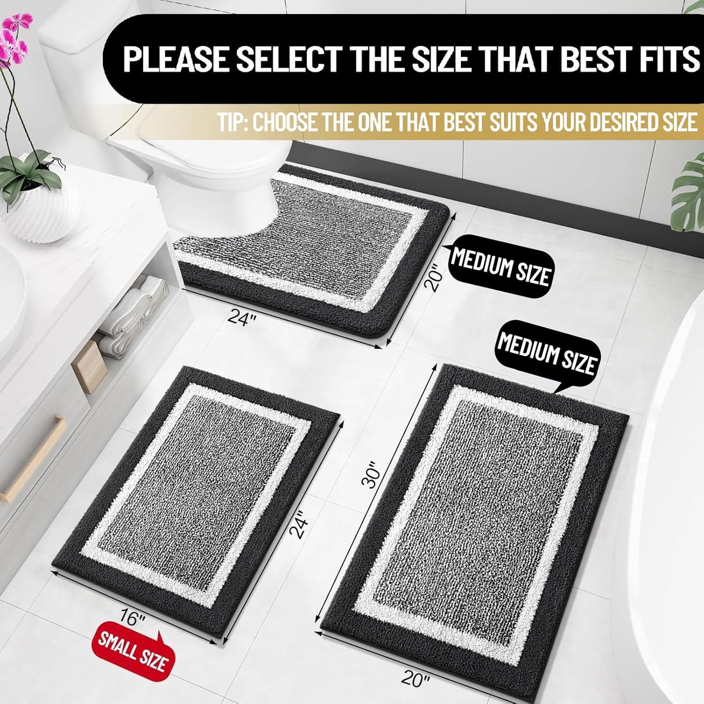 OLANLY Microfiber Bath Rugs - Extra Soft, Absorbent & Non-Slip | 24x16 Black Quick-Dry Shaggy Mats