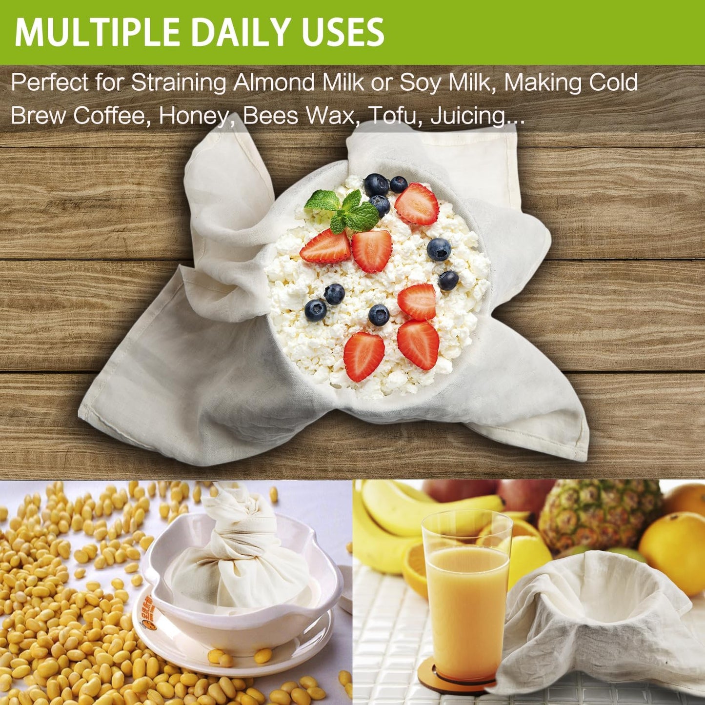 Olicity Cheese Cloths - 100% Cotton Reusable Fine Mesh Strainer | 4PCS, 20x20 Inch Hemmed Design