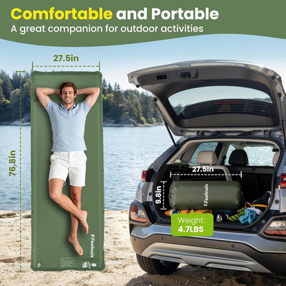 Skiennix Camping Sleeping Pad - Inflatable Memory Foam Mattress with Built-In Foot Pump | Green, 4 Season