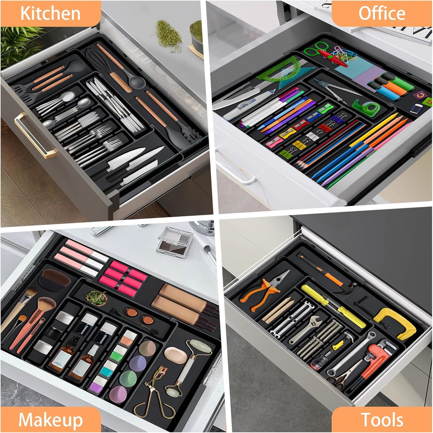 Spaclear Silverware Organizer - Expandable Kitchen Utensil Tray | Adjustable BPA-Free Cutlery Storage, Black