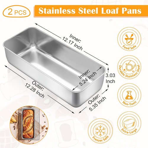 E-far Stainless Steel Loaf Pan Set - 2 Pack, 12” x 5” Baking Molds for Bread, Meatloaf & More | Dishwasher Safe