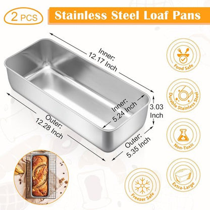 E-far Stainless Steel Loaf Pan Set - 2 Pack, 12” x 5” Baking Molds for Bread, Meatloaf & More | Dishwasher Safe