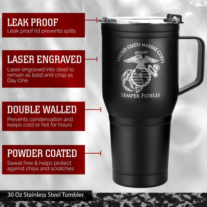 Military Veteran Products 30 oz USMC Coffee Tumbler with Handle- Double Wall Vacuum Insulated Stainless Steel Marine Corps Tumbler Travel Mug – USMC Vet Owned Business