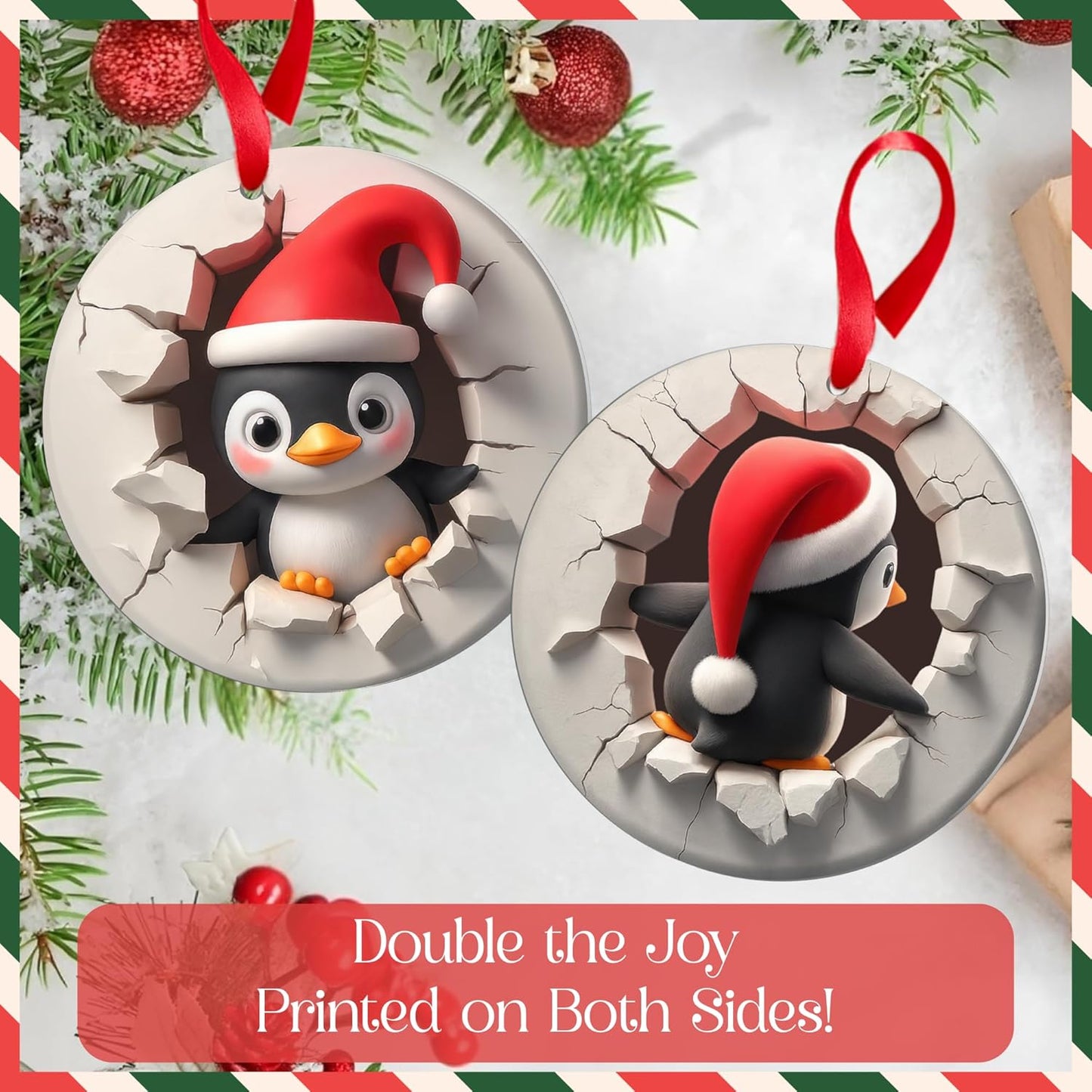 Penguin Ornament - 2D Christmas Penguin Decorations | Cute Holiday Tree Ornaments for Couples & Animal Lovers
