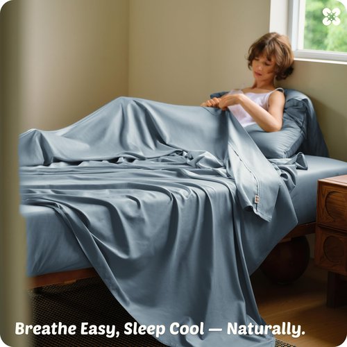 Bedsure Bamboo Viscose Cooling Sheets, Rayon Cotton Serene Blend, PureWoven, Breathable & Buttery Soft Queen Size Bed Set, Deep Pocket Up to 18", Hotel Luxury Bedding for Hot Sleepers, Dusty Blue