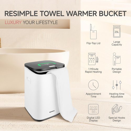 RESIMPLE Upgraded Towel Warmer for Bathroom, 23L Large Hot Towel Warmers Bucket with LED Display, 3 Heating Modes, Up to 24 Hour Delay, Luxury Towel Heater for Oversize Bathrobes Blankets - Black