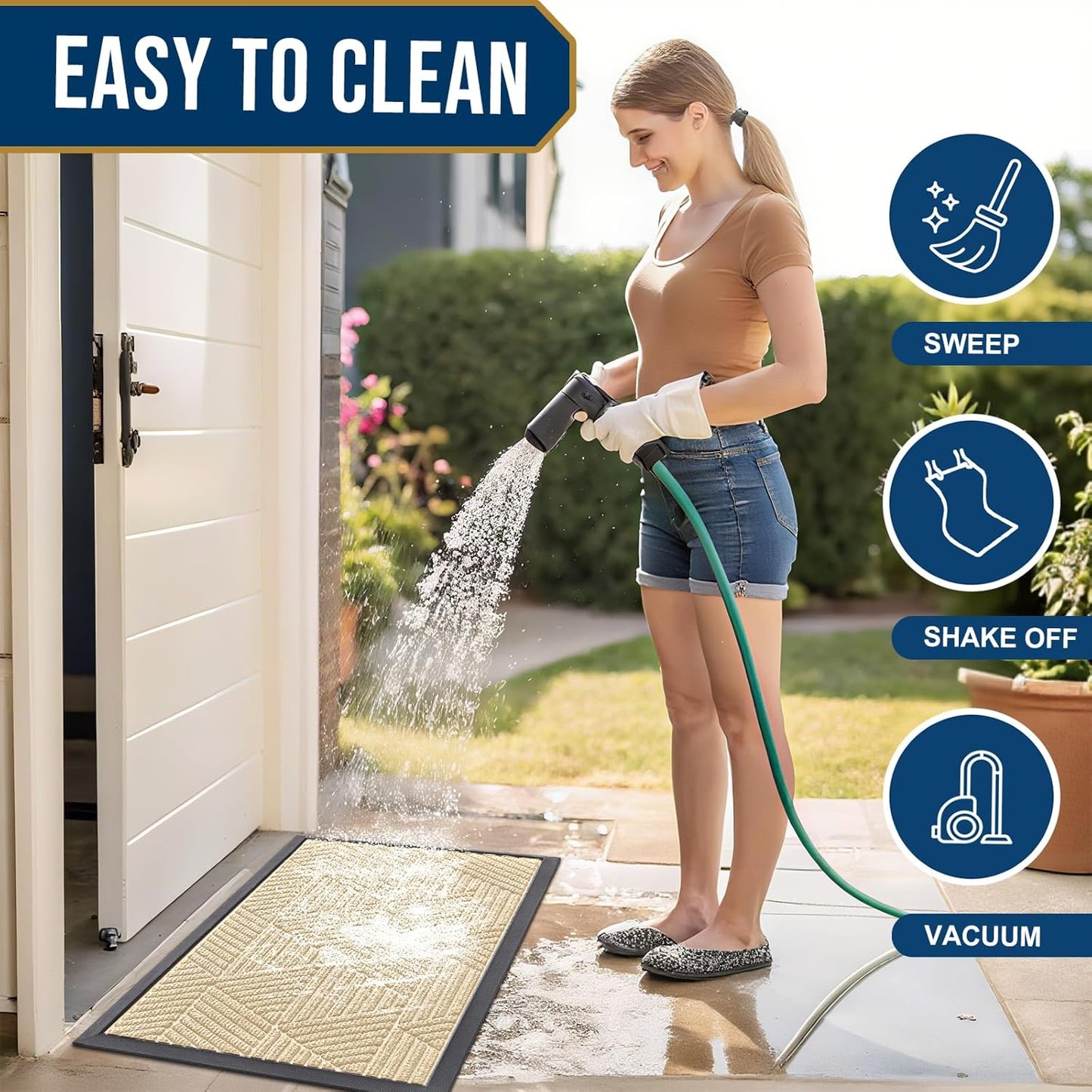 Smiry Heavy-Duty Natural Rubber Front Door Mat - Trap Dirt & Moisture, Easy Clean | Irregular Triangle (29.5x17, Beige)
