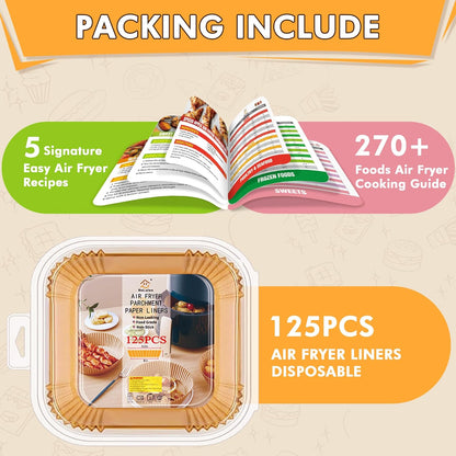 Skiennix Air Fryer Liners - 125 Pcs Non-Stick Parchment Paper | 8-Inch with Cooking Guide Booklet