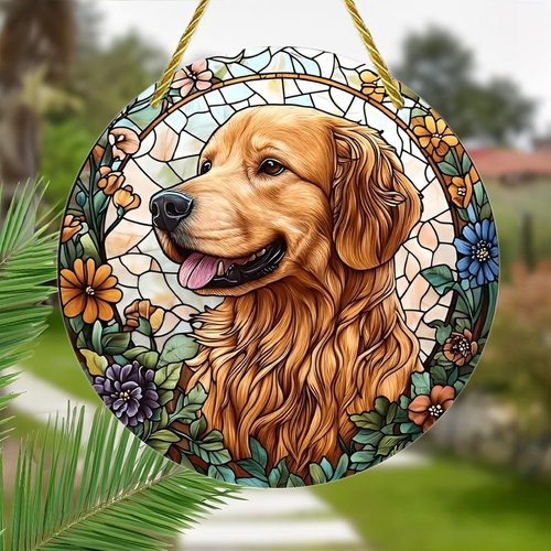 Golden Retriever Acrylic Suncatcher - 7-Inch Floral Stained Glass Window Art Decor | Perfect Gift & Garden Ornament