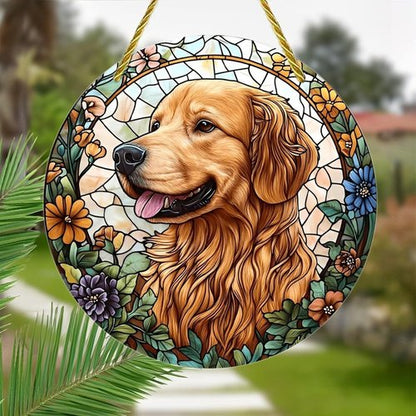 Golden Retriever Acrylic Suncatcher - 7-Inch Floral Stained Glass Window Art Decor | Perfect Gift & Garden Ornament