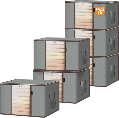 BALEINE 6 Pack Clothes Storage Bags - 16 Gallon Containers with Reinforced Handles | Grey Closet Organizer for Bedding