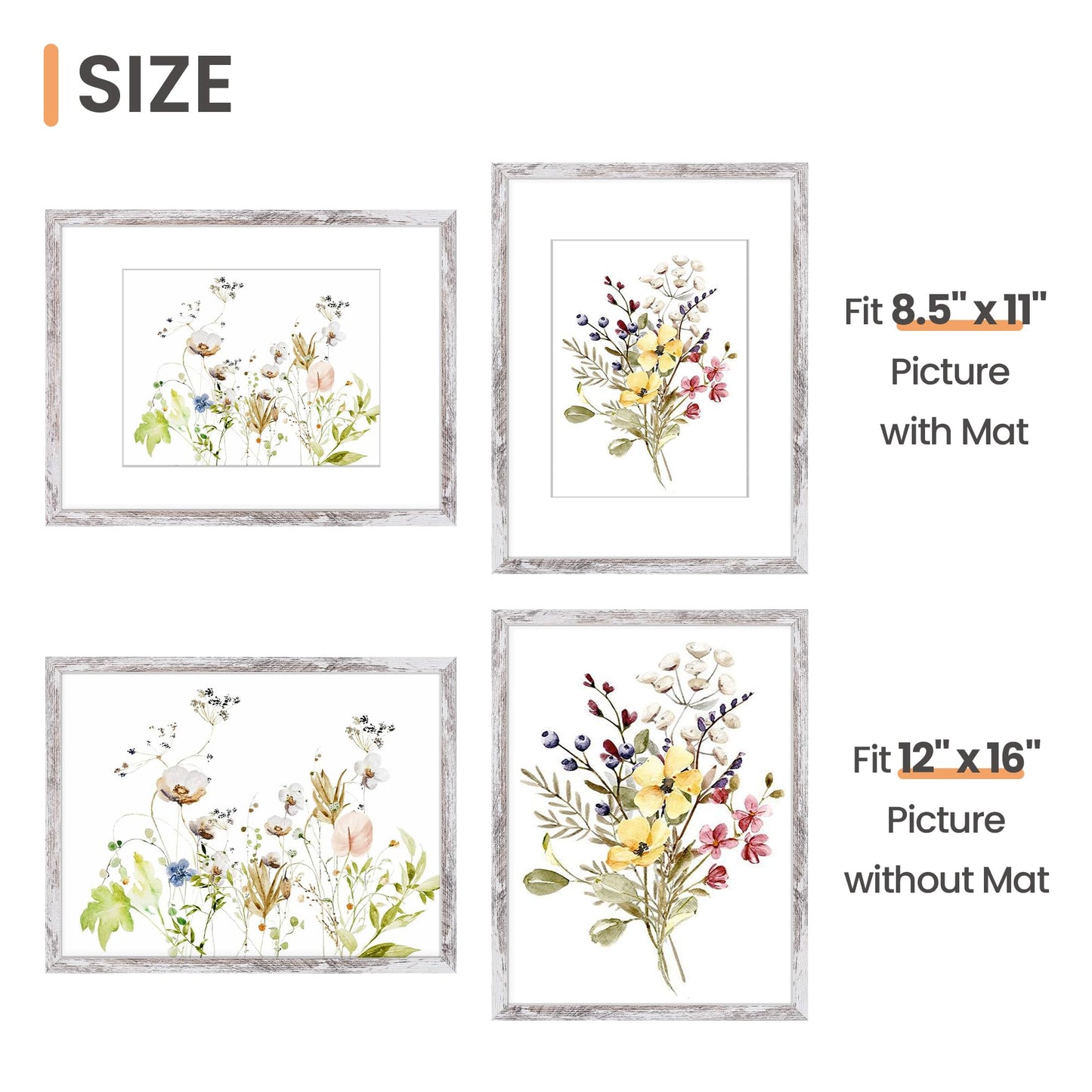 upsimples 12x16 Picture Frame, Display Pictures 8.5x11 with Mat or 12 x 16 Without, Wall Hanging Poster Frames, Rustic White, 1 Pack