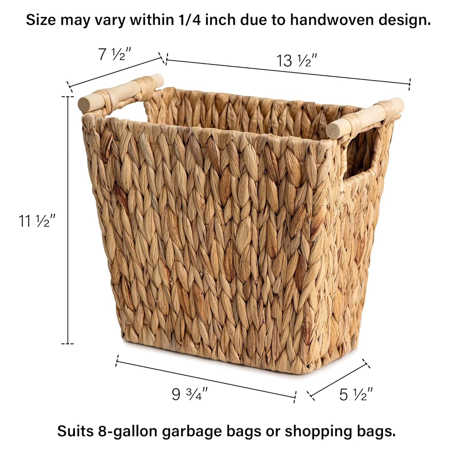 StorageWorks Wicker Waste Basket - Stylish Bathroom Trash Can with Wooden Handles | 12 Liters