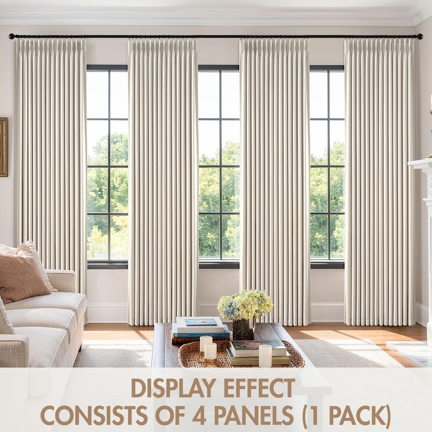 MIULEE 100% Blackout Curtains - 90-Inch Long, Thick Linen, Memory Trained Pleat - 4 Panel Set in Birch