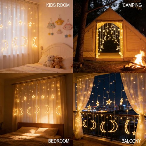 Dazzle Bright Ramadan Curtain String Lights - 138 LED Warm White Star & Moon Design | 8.2 FT Waterproof Decor