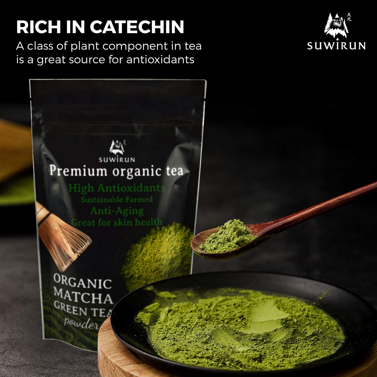 Suwirun Organic Matcha Green Tea Powder 4oz / Japanese Premium Culinary Grade Organic Matcha Powder - Natural Unsweetened Rich Flavor Matcha Powder Boba Tea Powder Latte Smoothie Antioxidants - 1 Pack