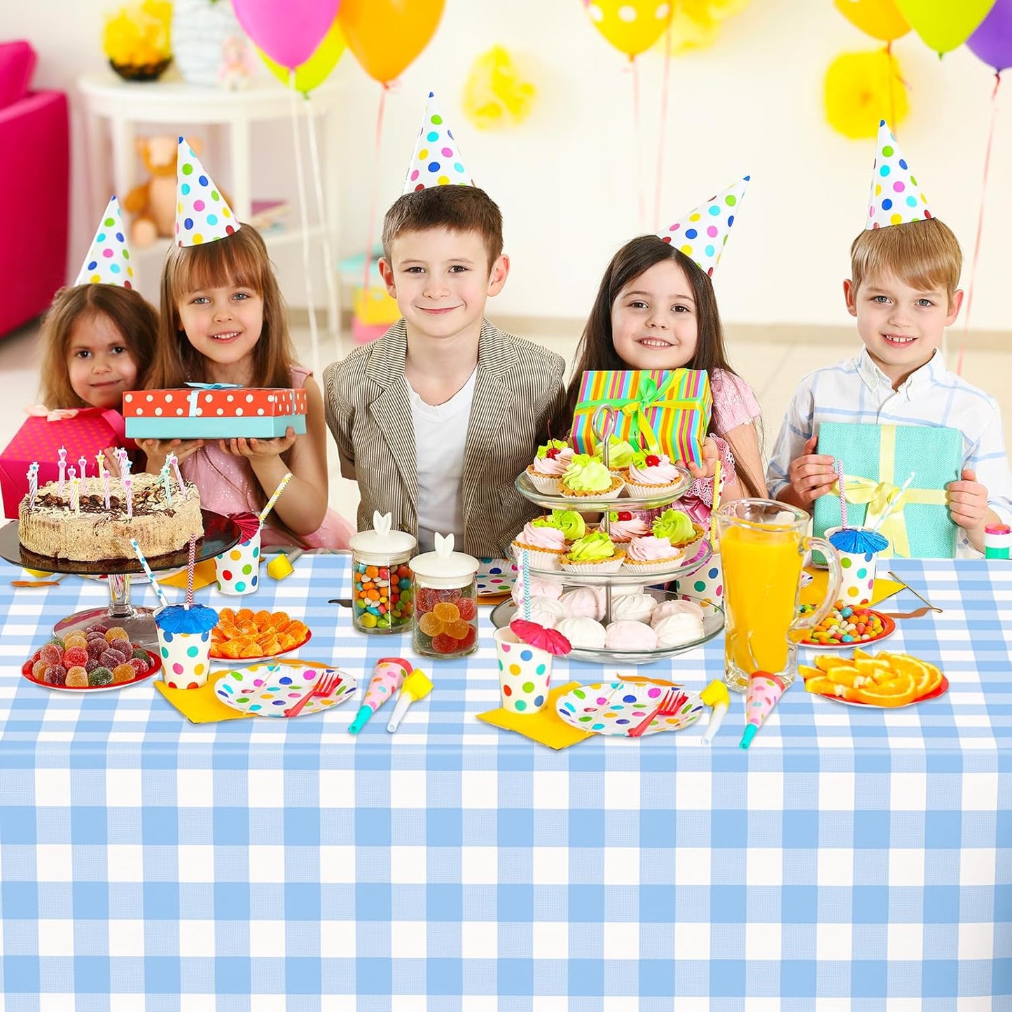 Skiennix Blue Gingham Tablecloth - Disposable Light Blue Checkered Design | Perfect for Outdoor Events (54 x 108 Inch)