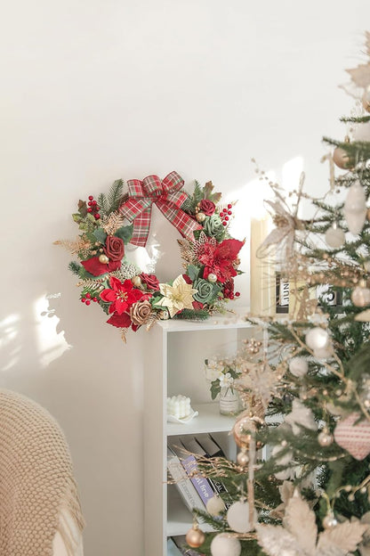 Red Poinsettias Christmas Artificial Flower Combo Set with Pine Stems & Gold Leaves - Rongflower Variation Chrismas Red Gold