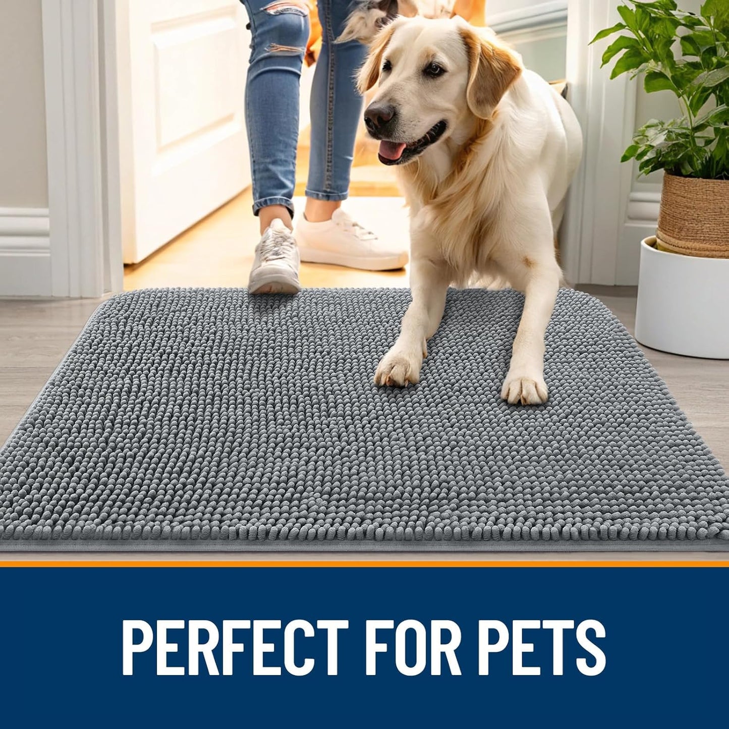 OLANLY Dog Door Mat - Absorbent Non-Slip Mud Mat for Dogs | Quick Dry Chenille, 44x24, Grey