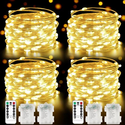 100 LED Fairy Lights by [Brand Name] - 33FT Waterproof String Lights with Remote & Timer | Warm White, 4 Pack