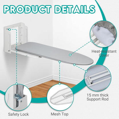 Zoes Homeware Wall Mounted Ironing Board - Space-Saving Design with 180° Rotation | 36" x 12", Silver