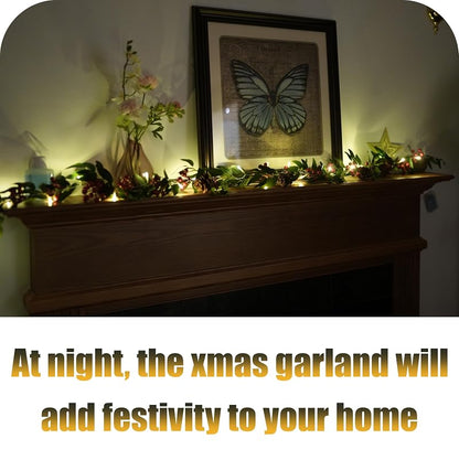 2 Pack 6ft Pre-lit Christmas Garland with Lights — Artificial Holly, Berries & Pine Cones (Variation: Willow Leaf)