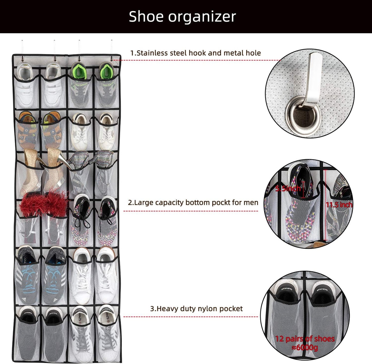 SAVERHO Over The Door Shoe Organizer - 24 Large Mesh Pockets for Easy Storage | White Hanging Rack