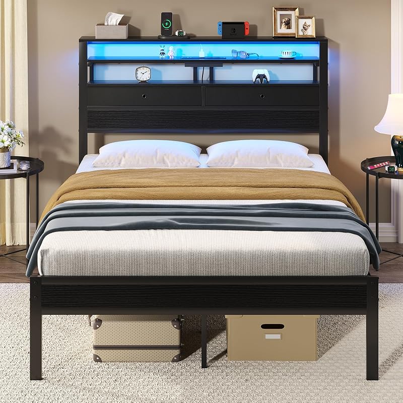 Queen Bed Frame with LED Lights, USB/AC/Type-C Charging Station, 3-Tier Headboard Storage & Under-Bed Drawers