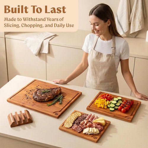 Carbonized Bamboo Cutting Boards - Set of 3 Heat Treated Chopping Boards with Juice Groove & Stand