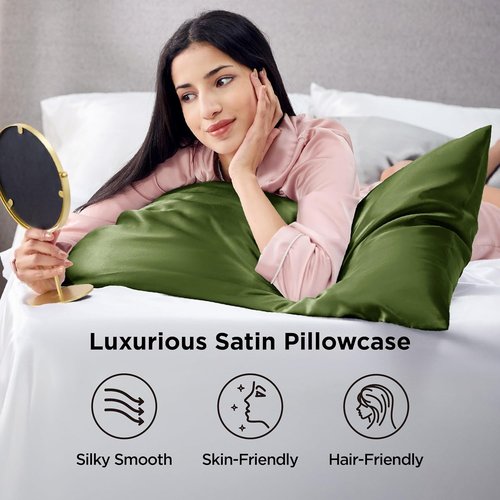 Bedsure Satin Pillowcase - Silky Soft Queen Pillowcase 2 Pack for Hair & Skin | Olive Green, 20x30 Inches
