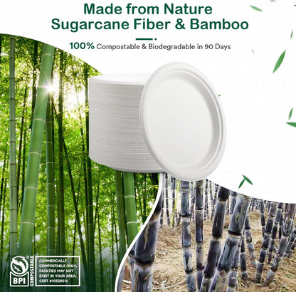 Skiennix Compostable Paper Plates - Heavy Duty 6 Inch Dessert Plates | 128 Pack, Eco-Friendly & Biodegradable