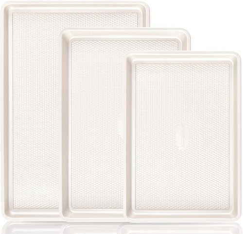 HONGBAKE Nonstick Ceramic Baking Sheet Pan Set - 3 Pack Half/Quarter/Jelly Roll Pans, 0.8mm Aluminized Steel, Cream