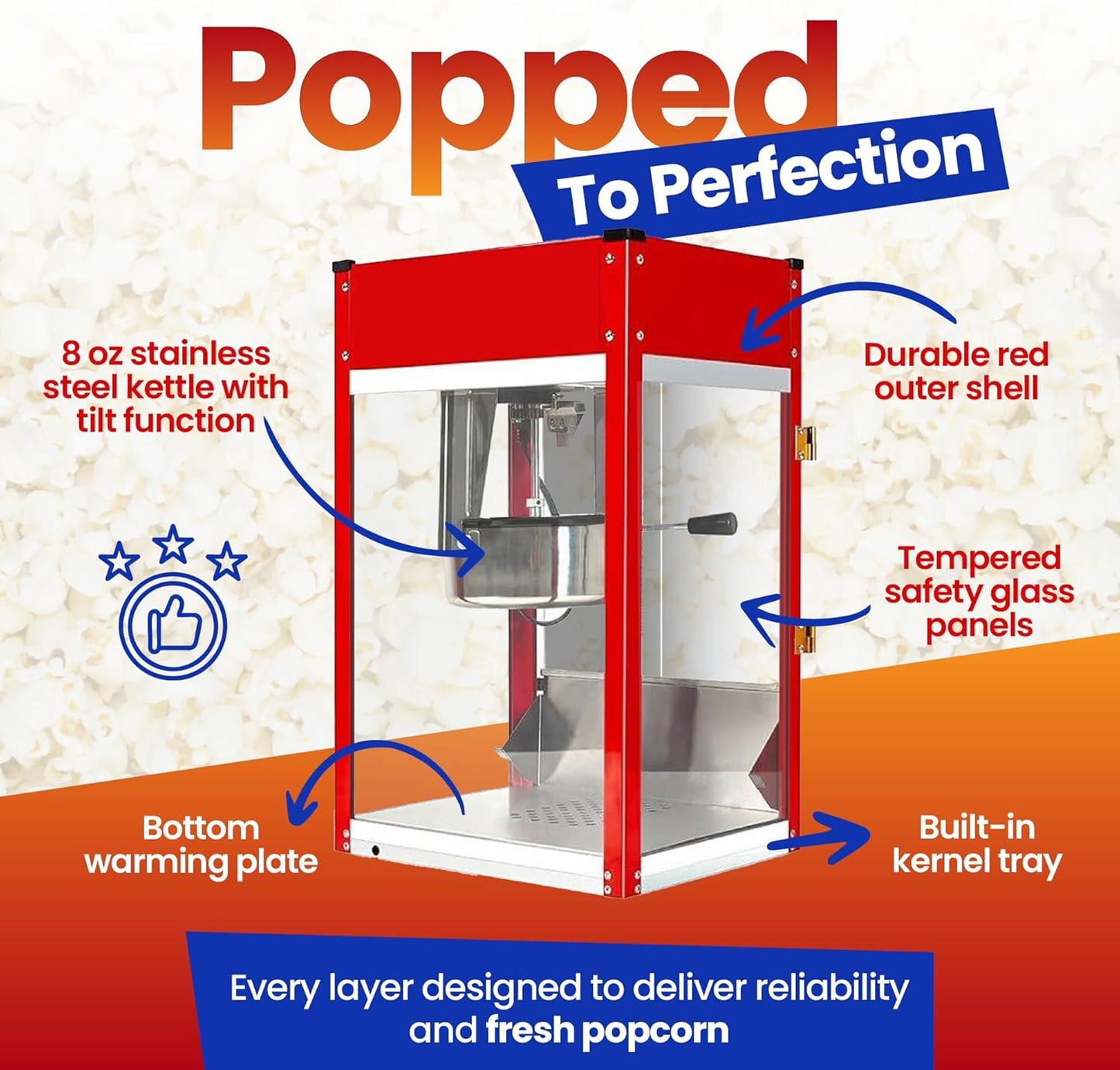 Popcorn Machine - Electric Popcorn Popper | Stainless Steel Kettle, Ready in 5 Minutes | 8 oz Capacity, Red