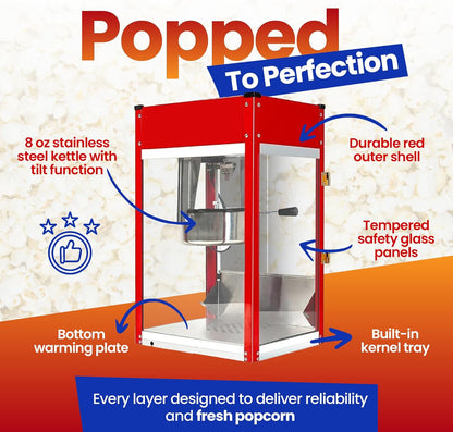 Popcorn Machine - Electric Popcorn Popper | Stainless Steel Kettle, Ready in 5 Minutes | 8 oz Capacity, Red