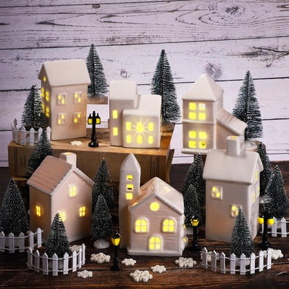 Fovths LED Lighted Ceramic Winter Village Figurines - 39-Piece Holiday Desktop Ornament Set
