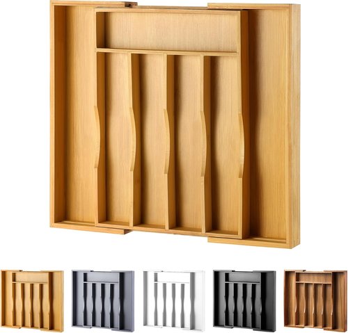 Bamboo Expandable Kitchen Drawer Organizer - Adjustable Cutlery Tray for Utensils | Natural Wood Finish