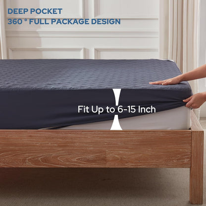 Skiennix Waterproof Mattress Protector - Noiseless Twin Size Pad with Deep Pocket | Breathable Navy Blue Cover