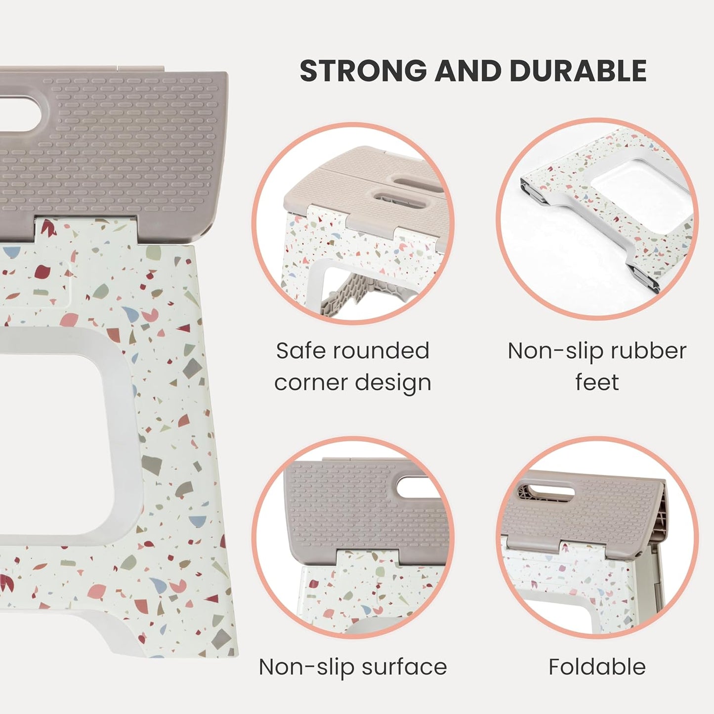 Vigar Foldable Step Stool - Lightweight Non-Slip Design for Adults | 12.5-Inch, Grey Terrazo Pattern