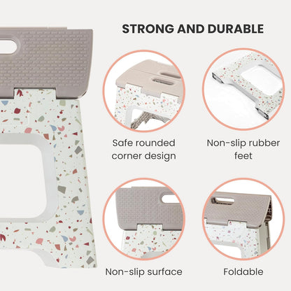 Vigar Foldable Step Stool - Lightweight Non-Slip Design for Adults | 12.5-Inch, Grey Terrazo Pattern