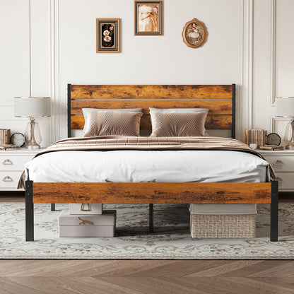 Sweetcrispy Queen Size Bed Frame - Sturdy Metal Support with Headboard & Under Bed Storage, Rust Brown