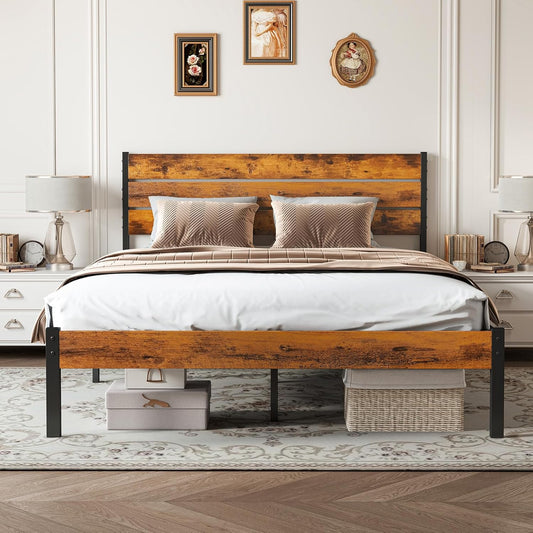 Sweetcrispy Queen Size Bed Frame - Sturdy Metal Support with Headboard & Under Bed Storage, Rust Brown